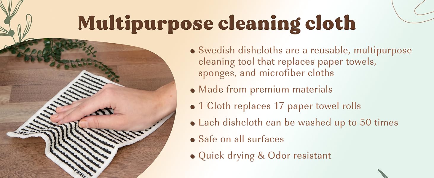 FEBU Swedish Dishcloths for Kitchen & Cleaning 5 Pack Absorbent Washable Reusable Paper Towels Non-Scratch Cotton Cellulose Sponge Cloths No Odor Biodegradable Multipurpose Eco-Friendly