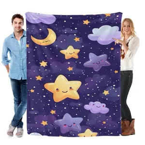 Cute Starry Night Sky & Smiley Stars Flannel Blanket - Soft Plush, Whimsical, All-Season Gift for Sofa, Bedroom, Kids & Celestial Decor Lovers