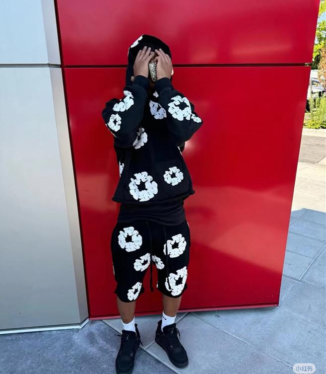 DENIM TEARS Brand Hot Selling New Fashionable Cotton Foamprinted Hoodie European and American Trendy Men's Sportssuit Pink Floral Design with Hood and Drawstring