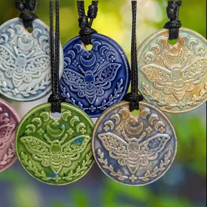 Death Moth Moon Phase Filigree Gothic Whimsygoth Ceramic Wax Seal Pendant Hippie Whimsical Choker Adjustable Cord Necklace Clay Charms Punk