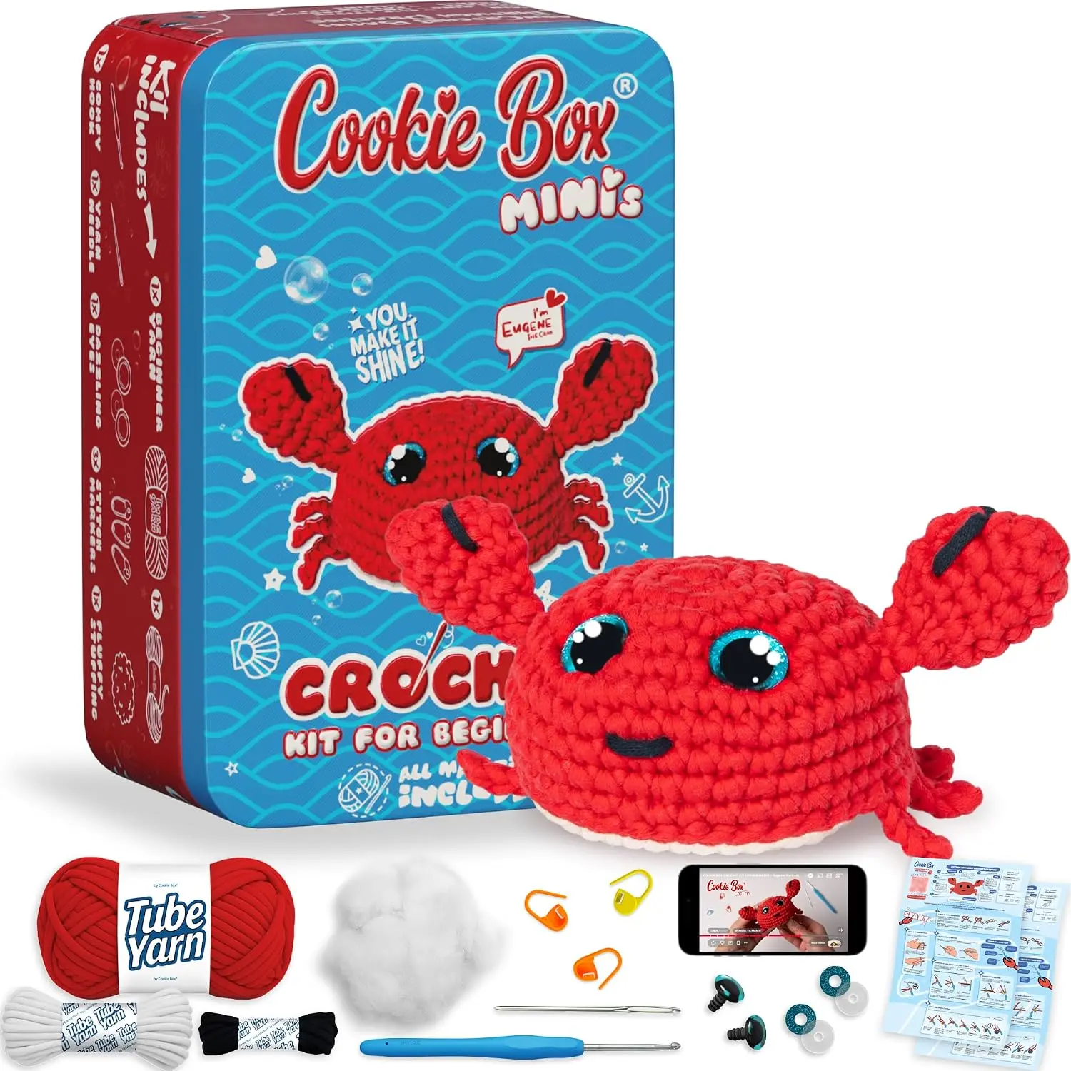 Cookie Box Crochet Kit for Beginners, Crab Eugene | All Materials Included, Printed Guides, Step-by-Step Video Tutorials, Easy DIY Craft, Amigurumi and Knitting Gift Set