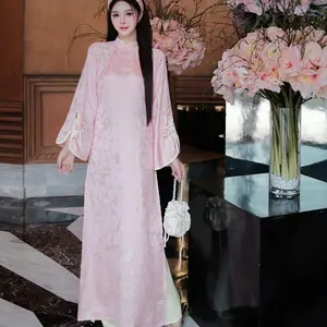 Áo dài lụa tơ tằm đào hoa ánh nhũ- Vietnamese Traditional dress