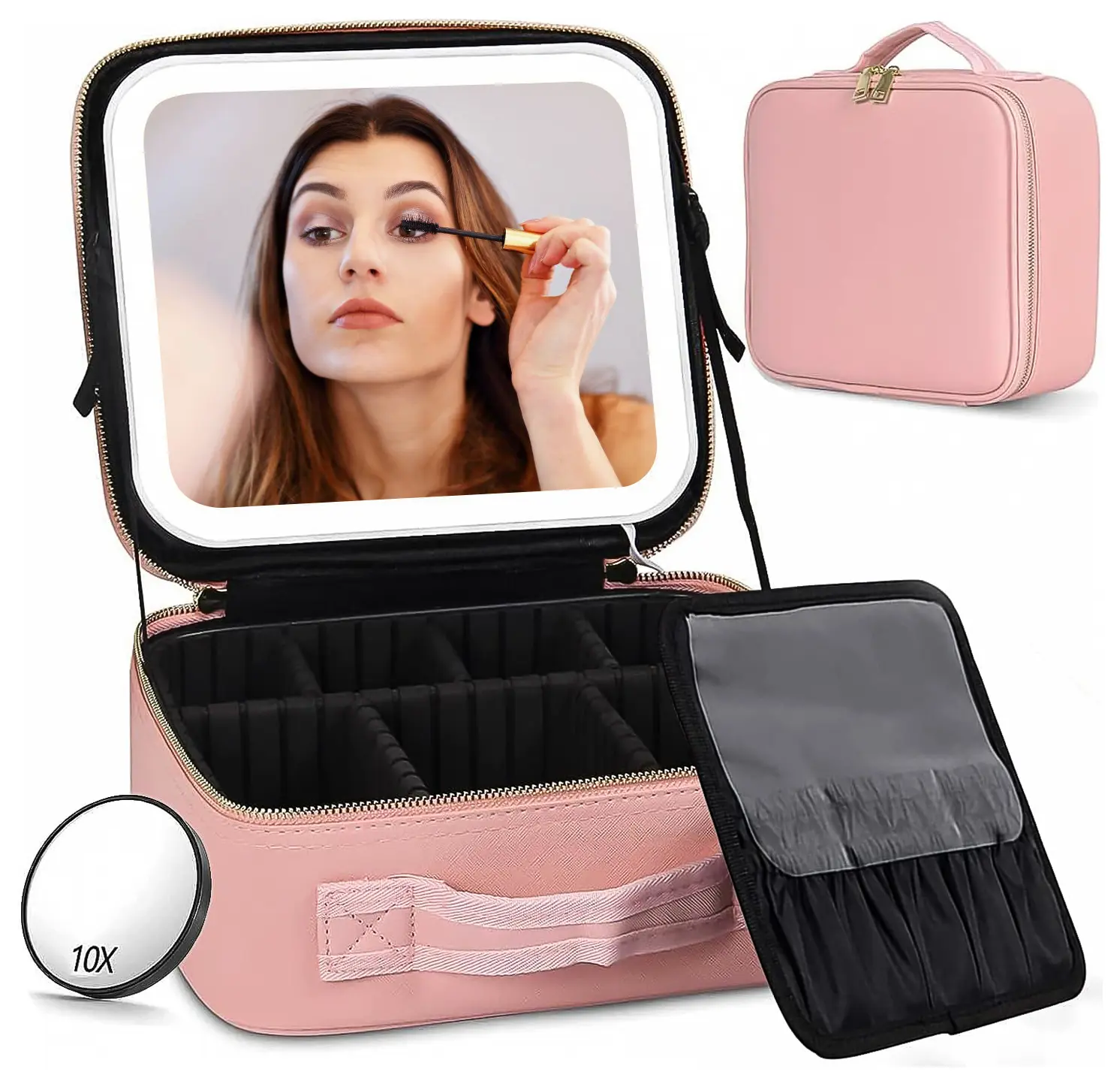 Makeup Bag with Mirror and Light Travel Makeup Train Case Cosmetic Bag Organizer Portable Artist Storage Bag with Adjustable Dividers Makeup Brushes Storage Organizer-Ideal Mother's Day Present for the Stylish Mom,sunscreen