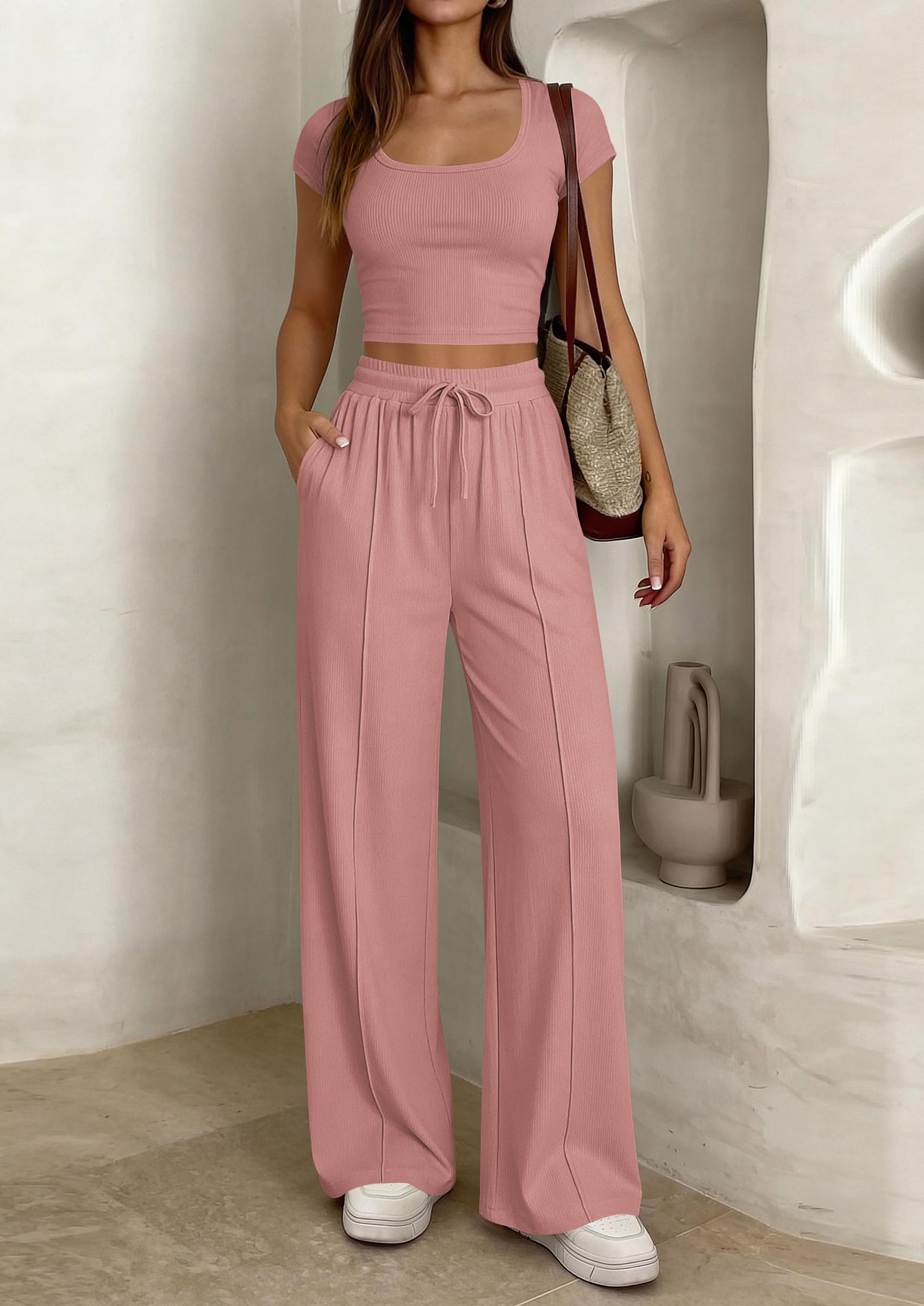 PrettyGarden Women's  Scoop Neck 2 Piece Matching Lounge Sets Ribbed Short Sleeve Crop Tops Wide Leg Pants Summer Airport Outfits