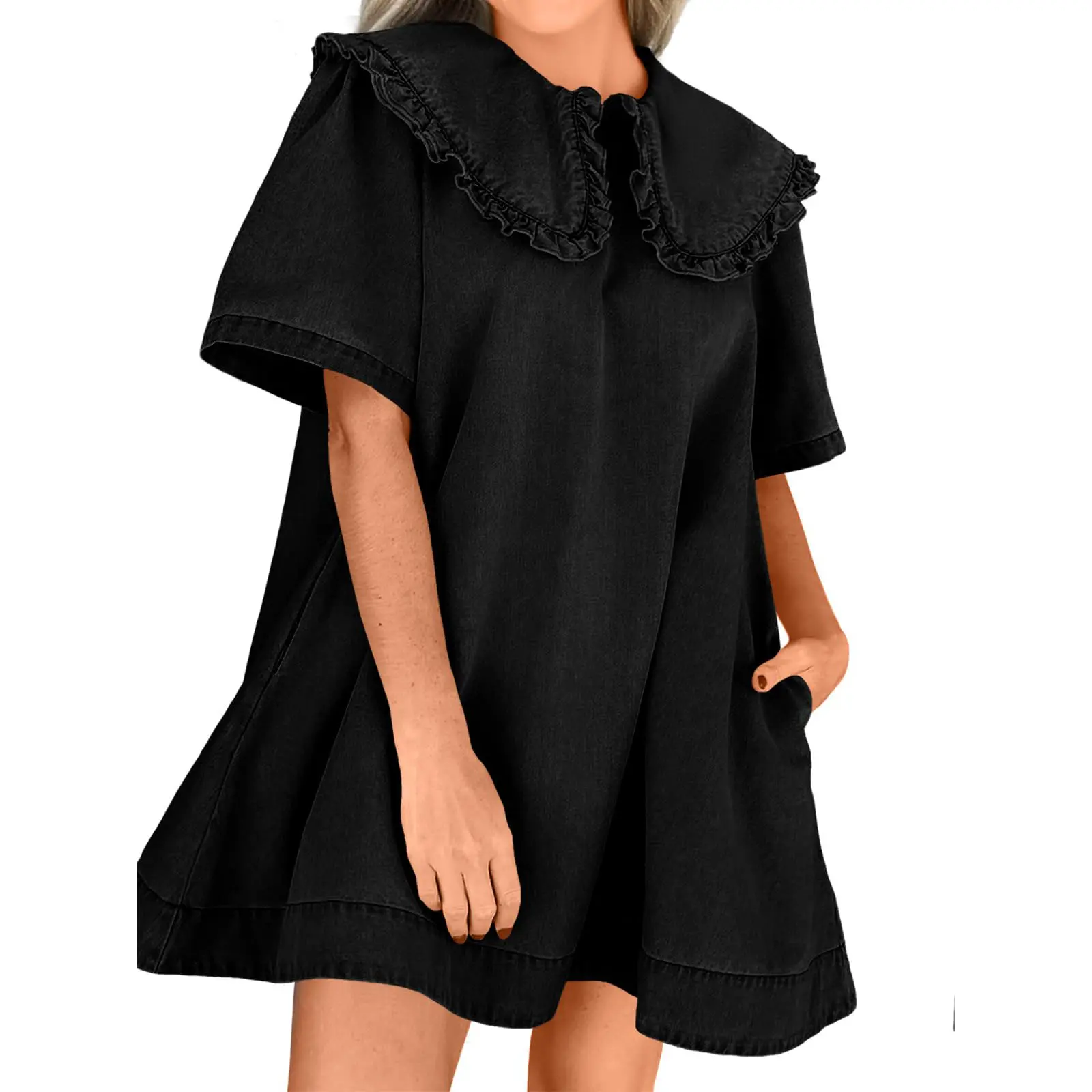 Wenrine Women's Summer Denim Mini Dress Oversized Peter Pan Collar Short  Sleeve Casual Flowy Babydoll Jean Dresses - TikTok Shop