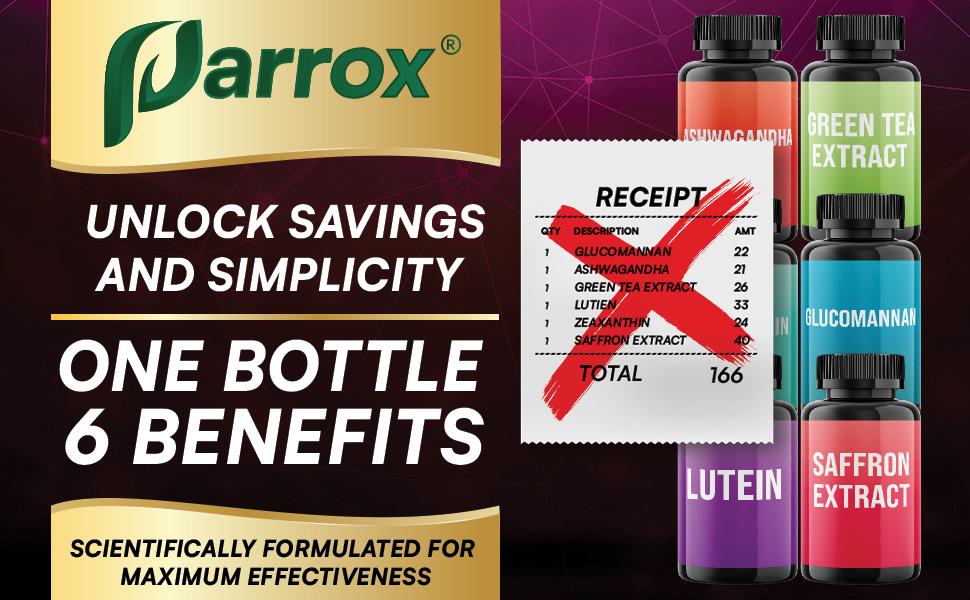 Parrox Saffron (6 in 1) Dietary Supplement - Mood, Vision & Wellness Support with Glucomannan, Ashwagandha, Lutein & Antioxidants - 60 Capsules - Made in USA