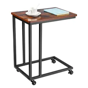 C Shaped Sofa Side Table With Metal Frame And Rolling Casters, Portable End Table For Living Room, Bedroom And Office, 19.69 x 13.78 x 23.82 Inches, Laptop Side Table, Brown And Black, Easy Assembly
