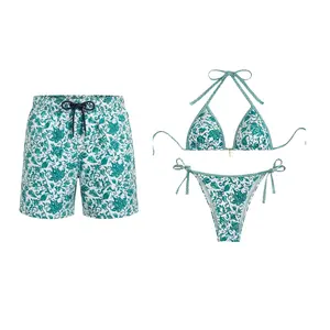 Couple Matching Swimwear Set – Women Triangle Bikini & Men Floral Swim Trunks Beach Outfit