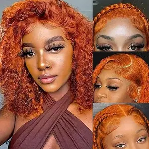 Ginger Bob Wig Human Hair 13x4 HD Deep Wave Lace Front Wigs Human Hair 180% Density 350# Orange Colored Curly Bob Wig for Women Pre Plucked Wet and Wavy Lace Frontal Wig