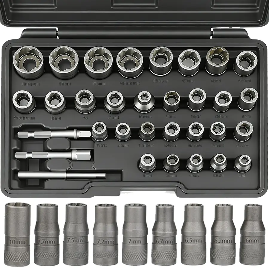 Bolt Extractor Set, Stripped Nut Remover Twist Sockets, Fit 3/8" Square Drive with Solid Storage Case (32pcs, Black)