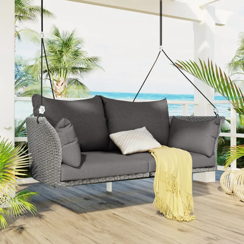 Adults' 2-Person Thick Rattan Woven Wall-Mounted Hanging Swing Chair, Gray Wicker Weatherproof Patio Swing with Corrosion-Resistant Adjustable Ropes, Cushion, 500 lbs Weight Capacity, Easy Install