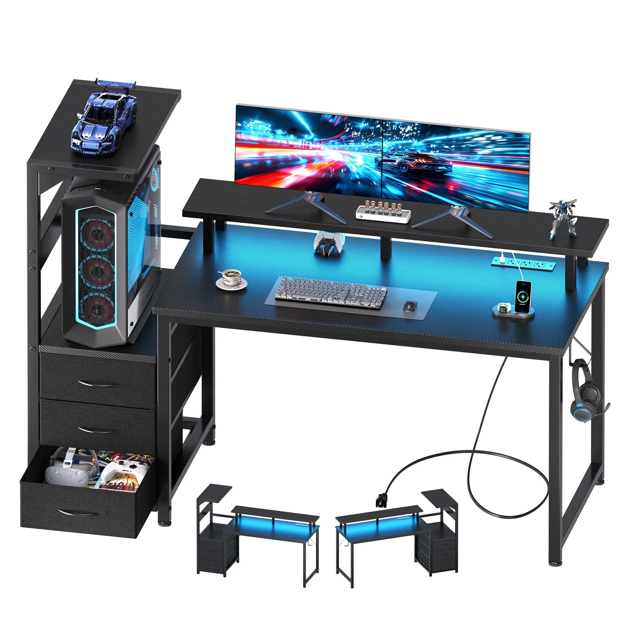 Ergonomic Reversible L-Shaped Gaming Desk - Sturdy Ergonomic Desk with Shelves, Storage Drawers, LED Lights, Power Outlets, PC Stand, Cable Management, Black Wood Office Furniture for Man Cave Dual Monitor Streaming, Reversible Gaming Desk