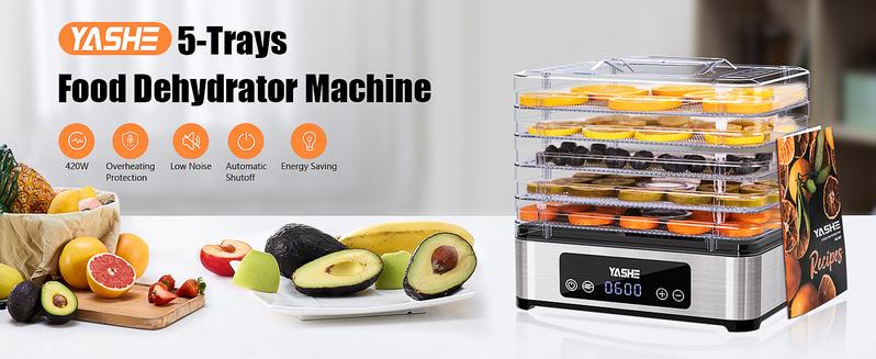 YASHE Food Dehydrator Machine, 5 Stainless Steel Trays, 48H Timer, Temperature Control, Recipe Book – Perfect for Jerky, Meat, Fruit & Dog Treats Appliances