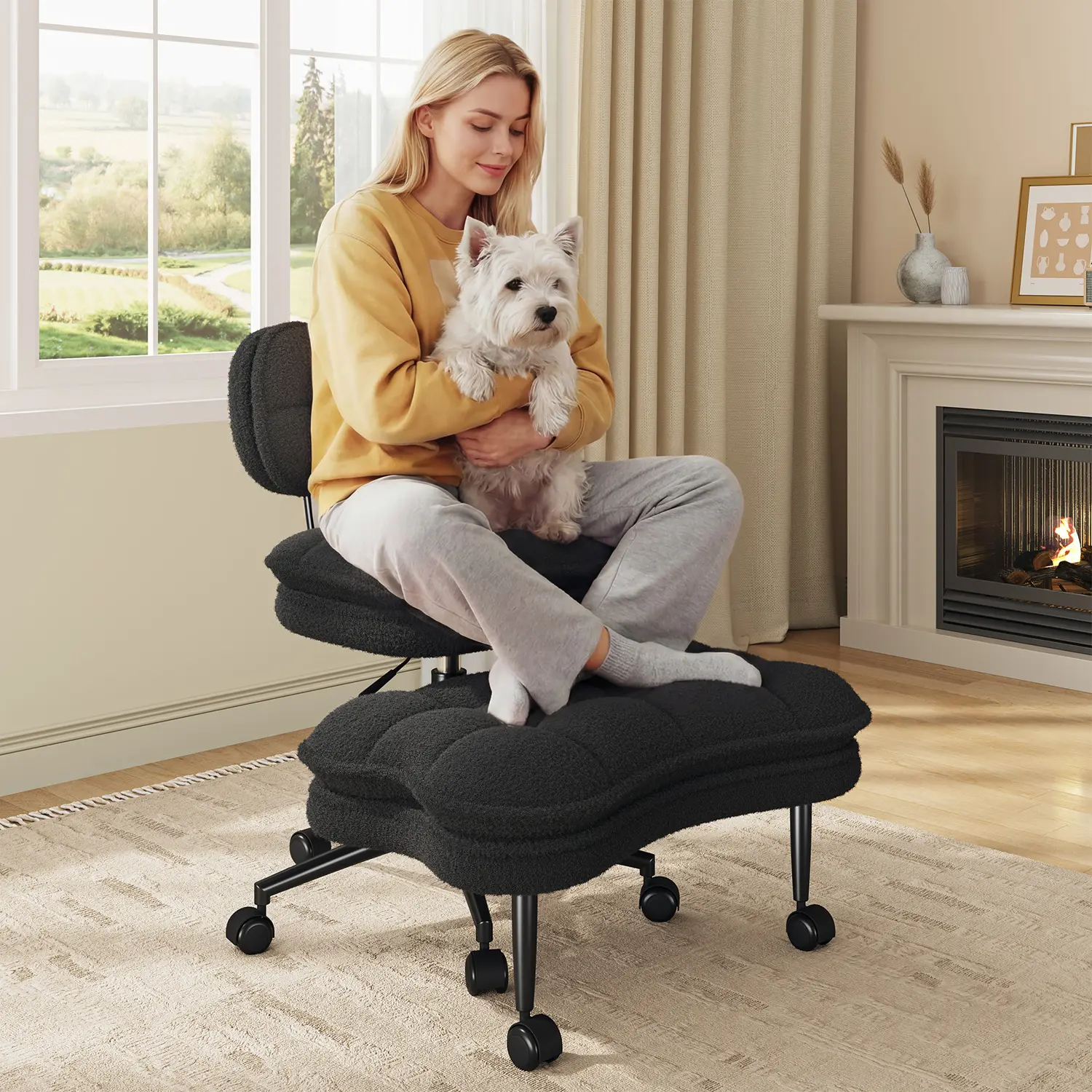 Raybee Swivel Cross Legged Meditation Kneeling Chairs with Wheels, Teddy Fleece Cozy ADHD Chair with Height Adjustable Seat for Relaxation, Vanity, Home Office Desk Chairs Indoor Furniture #TikTokShopBackToSchool