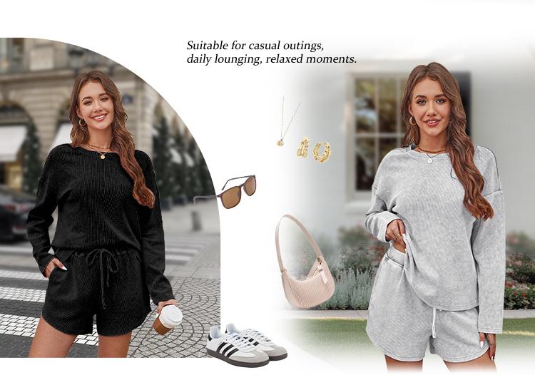 AUTOMET Vintage Waffle 2 PIECE SET WOMEN Lounge Long Sleeve Tops Fitted with Crew Neck & Relaxed Sweatshorts Fallreshness