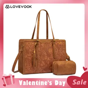 【Valentine's Day Gift】LOVEVOOK Canvas Laptop Tote Bag 15.6 & 17.3 inches for Women with Clutch Purse, Lightweight Tote Bag with 2 Cup Holder, Purses for Women, Computer bag for Work, Office, Casual.  TikTokShopFebruaryStockUp