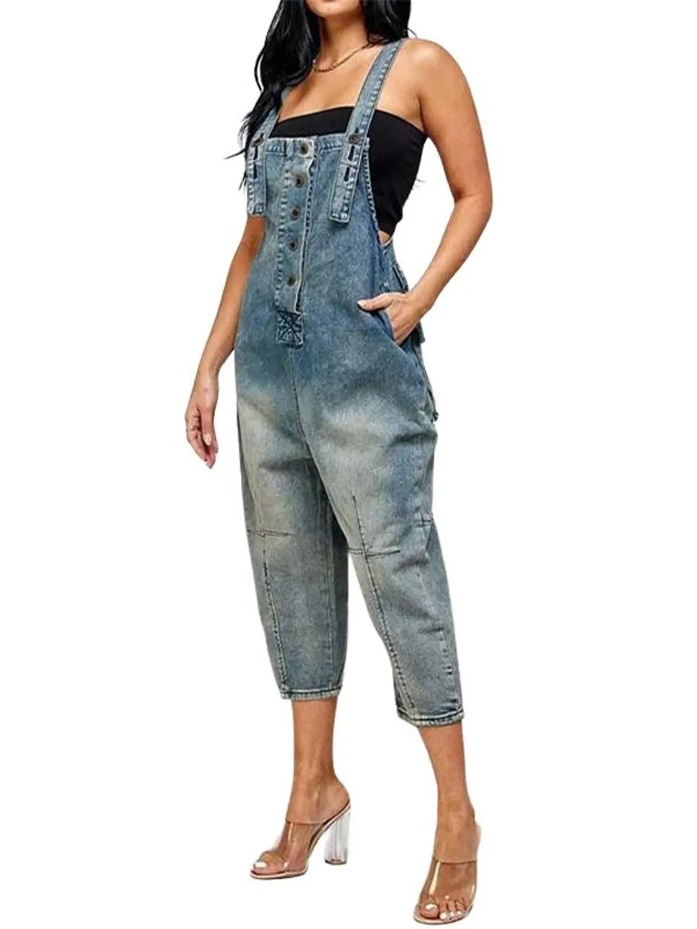 CHARTOU Women's Minimalist Jean Overalls, Casual Loose Fit Harem Style, Cropped Barrel Leg Sleeveless Jumper, Women's Clothes, Cargo Pocket, Denim, Trending Clothes, Lady