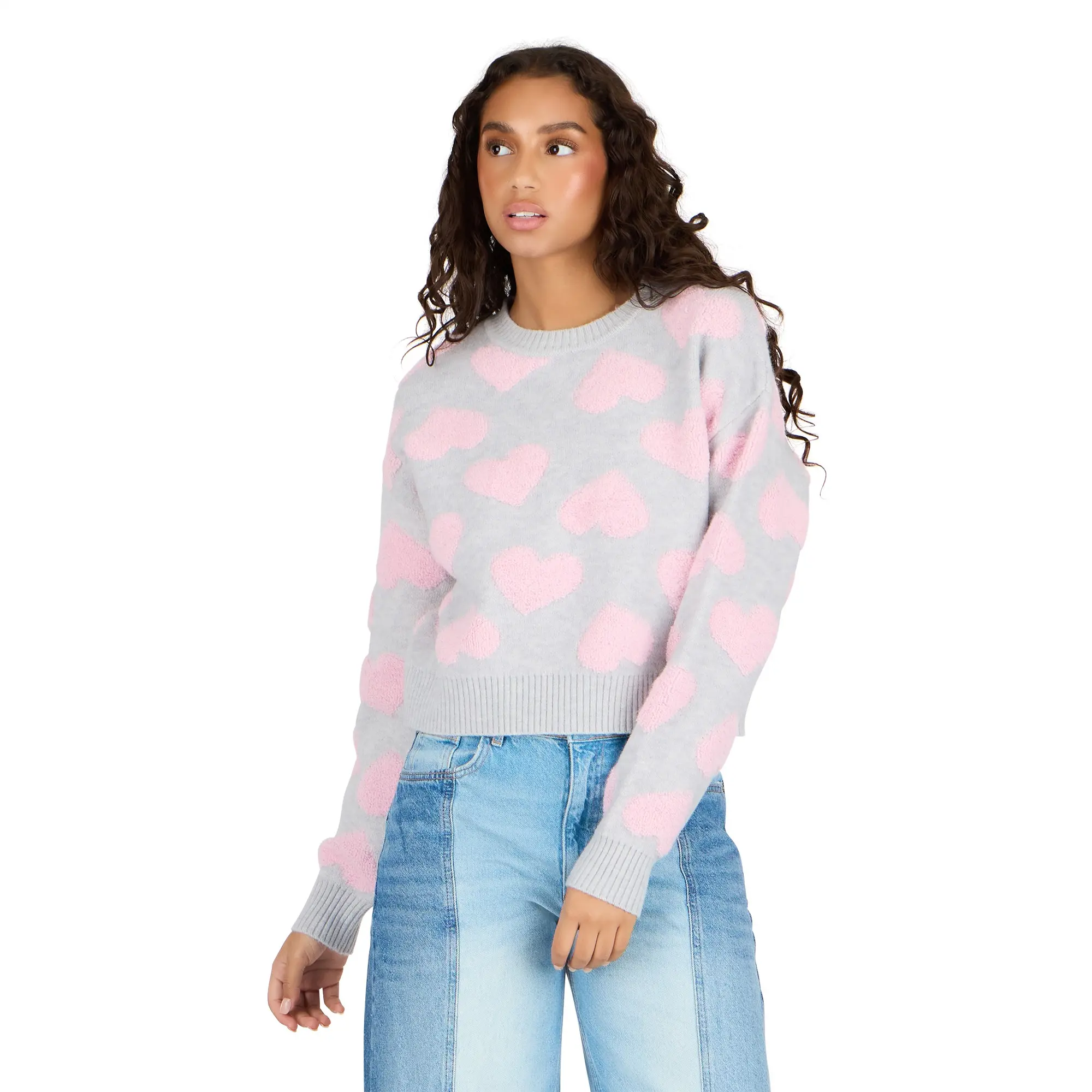 Forever 21 Women's Dimensional Intarsia Knit Sweater, Cute Long Sleeve Crew Neck Crop Pullover, Waist-Grazing Silhouette for Casual Style, Piece, Classic Crew, Raised Pattern, Round Neck, Intarsia Art, Tops, Ribbed, Knitwear, Crop Length, Cuff Sleeve