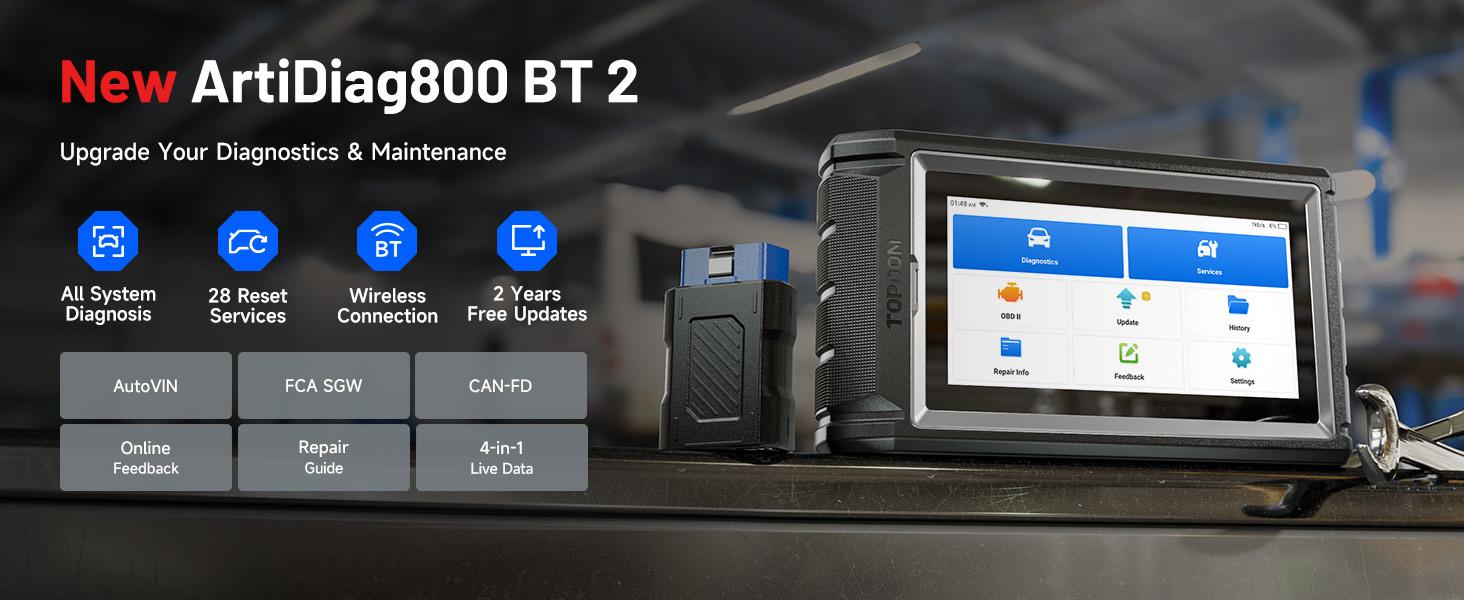 TOPDON Scanner AD800BT V2.0, Bidirectional Scan Tool, Full Systems Diagnostic Tool for All Vehicles, Automotive Diagnostic Scanner for Car, 28+ Services, FCA AutoAuth, CANFD, 2 Years Free Update