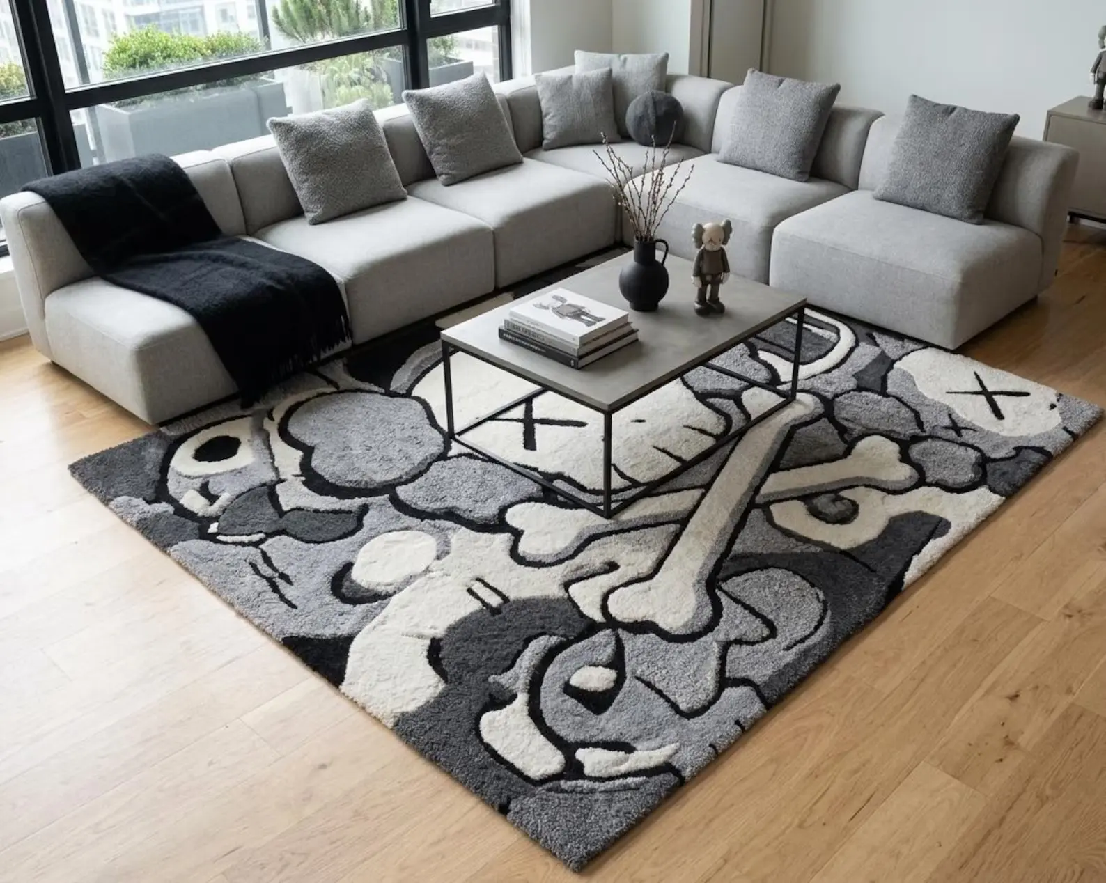 5x8 ft KAWS Inspired Pop Art Area Rug, Abstract Grey Black Household Textile Carpet