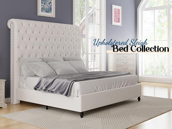 VanAcc Bed Frame with Sleigh Headboard 60" Tall Velvet Upholstered Platform Bed, No Box Spring Needed/Christmas Gift