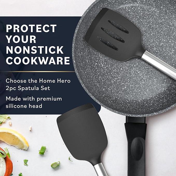 Black Silicone Spatula Set with Ergonomic Handles - Stainless Steel High Heat Resistant Solid & Slotted Turner Kitchen Utensils