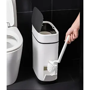 ZY 3.7 Gallons Bathroom Trash Can and Toilet Brush Set, 14 Liter Slim Trash Can with Toilet Brush Holder Set for RV, Black lid