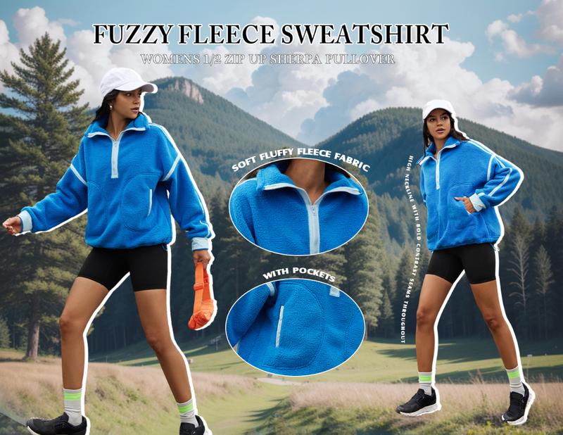 Tanming Women's Half Zip Sherpa Fleece Pullover Sweatshirt with Pockets Casual Long Sleeve Soft Oversized Warm Fuzzy Sweater Spring Transitional