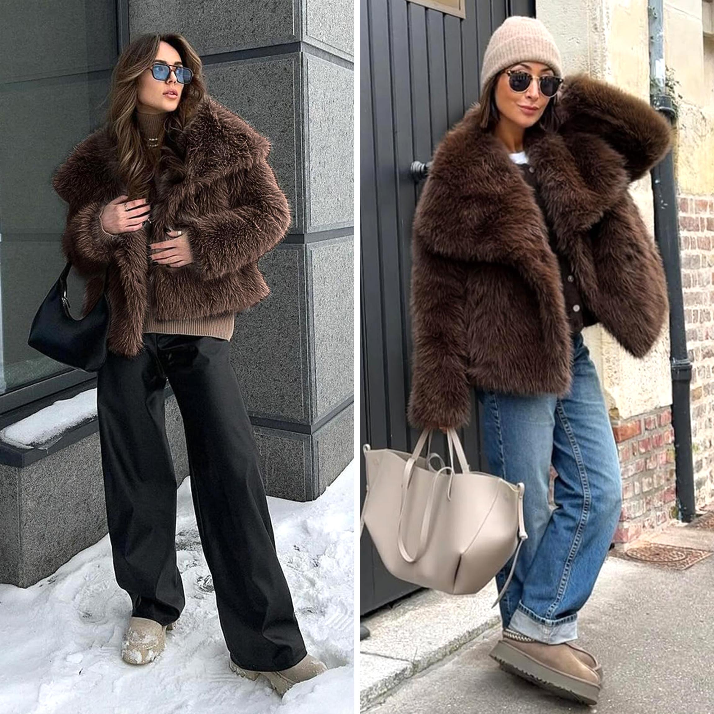 Buenoble Women's Brown Faux Fur Coat Winter Fluffy Short Jacket Warm Fuzzy Oversized Outwear Top Shaggy Collar Full Lining Short Jacket with Side Pockets SpringStatements