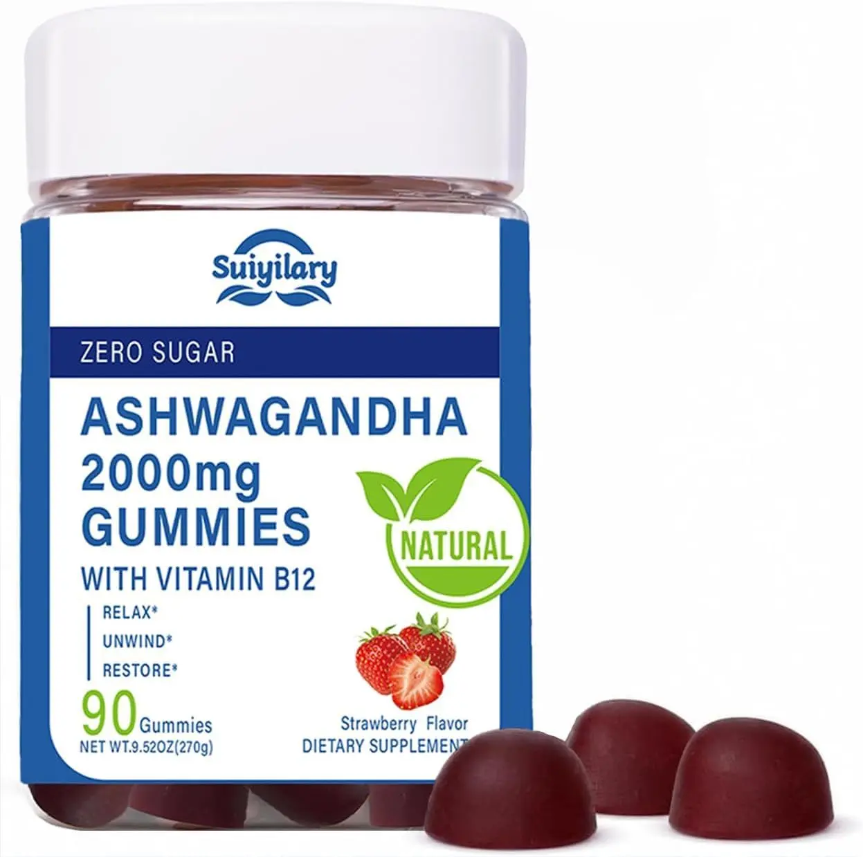 Suiyilary Ashwagandha Gummies 2000mg, Ashwagandha High Strength Root Extract Supplement with Vitamin B12 for Men Women, Strawberry Flavour 45 Days Supply 90 Gummies