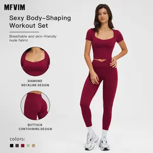 MFVIM Women's Two-Piece Colorblock Yoga Set, High-Waisted Ribbed Casual Fitness Sportswear, Versatile for Gym Workout
