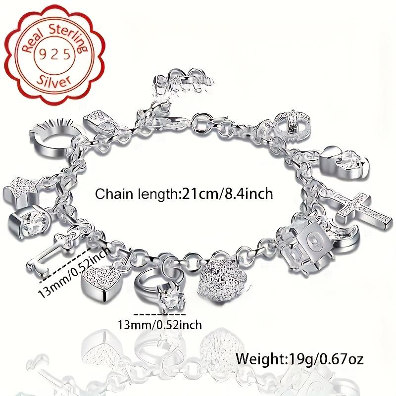 "1pc Elegant 925 Sterling Silvery Heart Key Pendant Bracelet, Women's Bracelet, 13 Small Pendants, Bohemian Style, Shiny and Exquisite Silvery, Women's Fashion Jewelry Accessories, Suitable for Wife, Girlfriend, Fashion Gift, Birthday Gift  " bangle