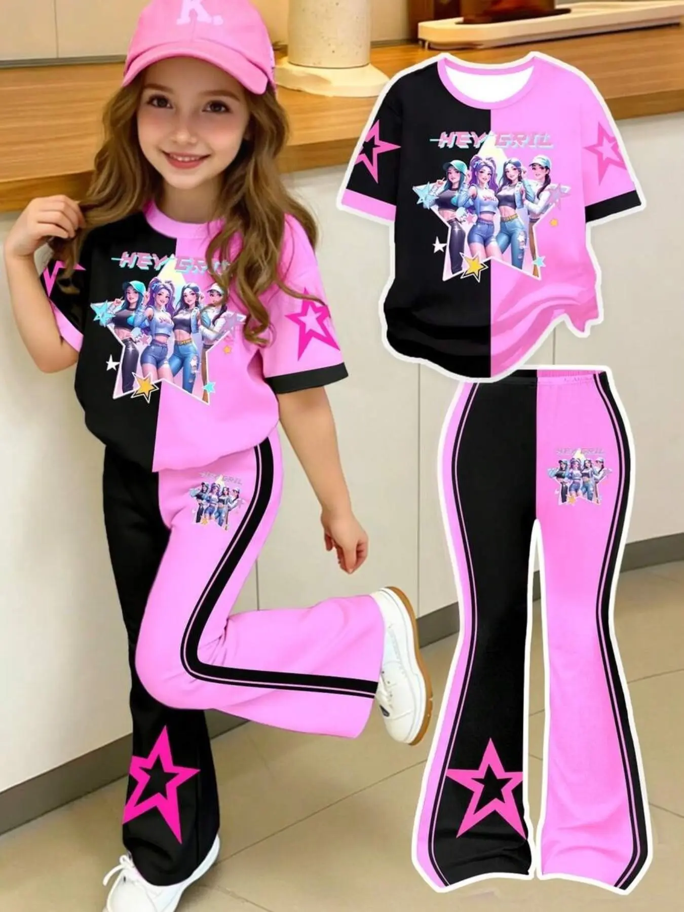 Patchwork Hey Gril Tween Set, Slim-Fitting Cartoon Pattern Suit, Two-Piece for Girls, Summer Outfits Set, Summer Clothes Set, Fashionable and Trendy, Summer Clothing Set, Fashion Clothes Sets