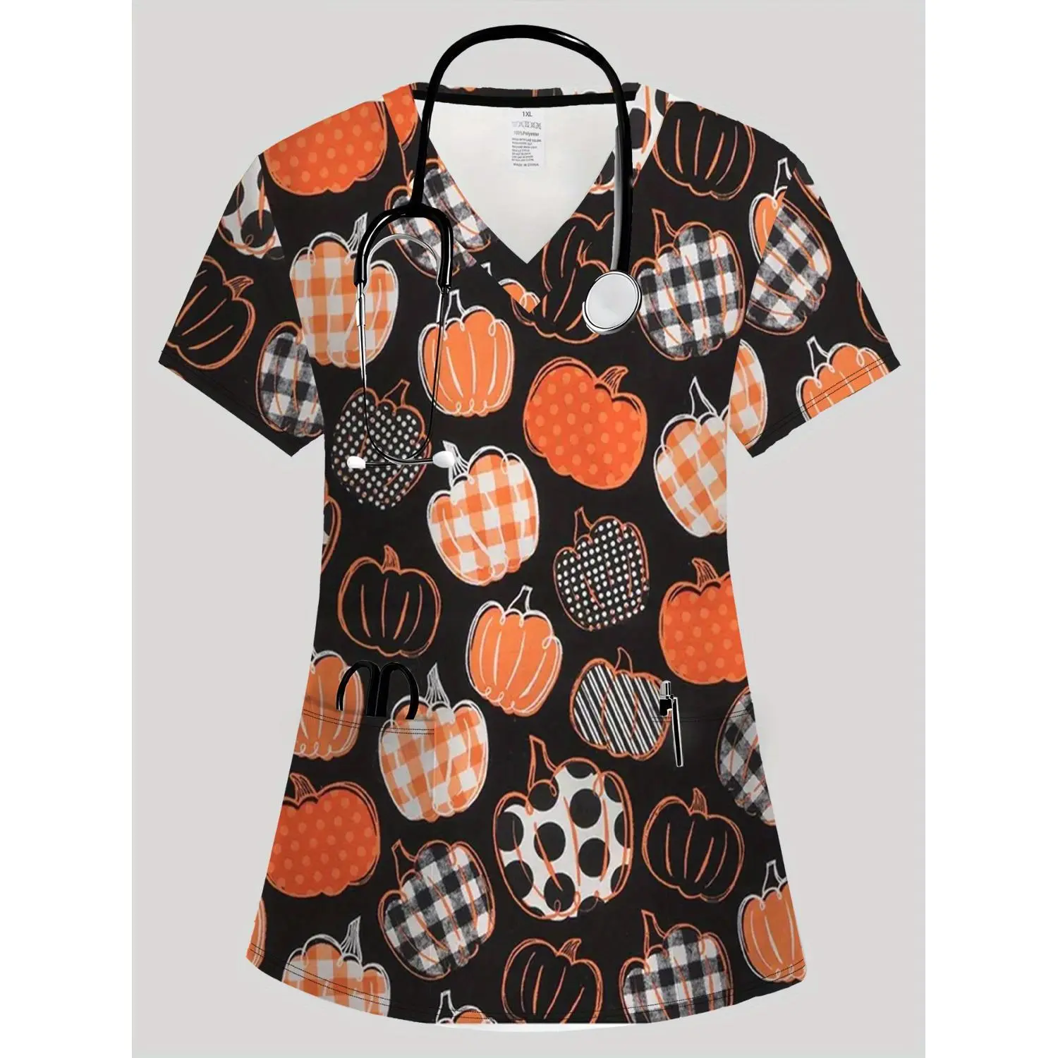 Women's Halloween Nurse Costume T-Shirt - Pumpkin Print V-Neck Scrubs Top with Soft Stretch Fabric & Side Pockets - Lightweight Outfit for Halloween Parties or Everyday Nursing Uniform - Ideal Halloween Gift for Nurses & Professionals