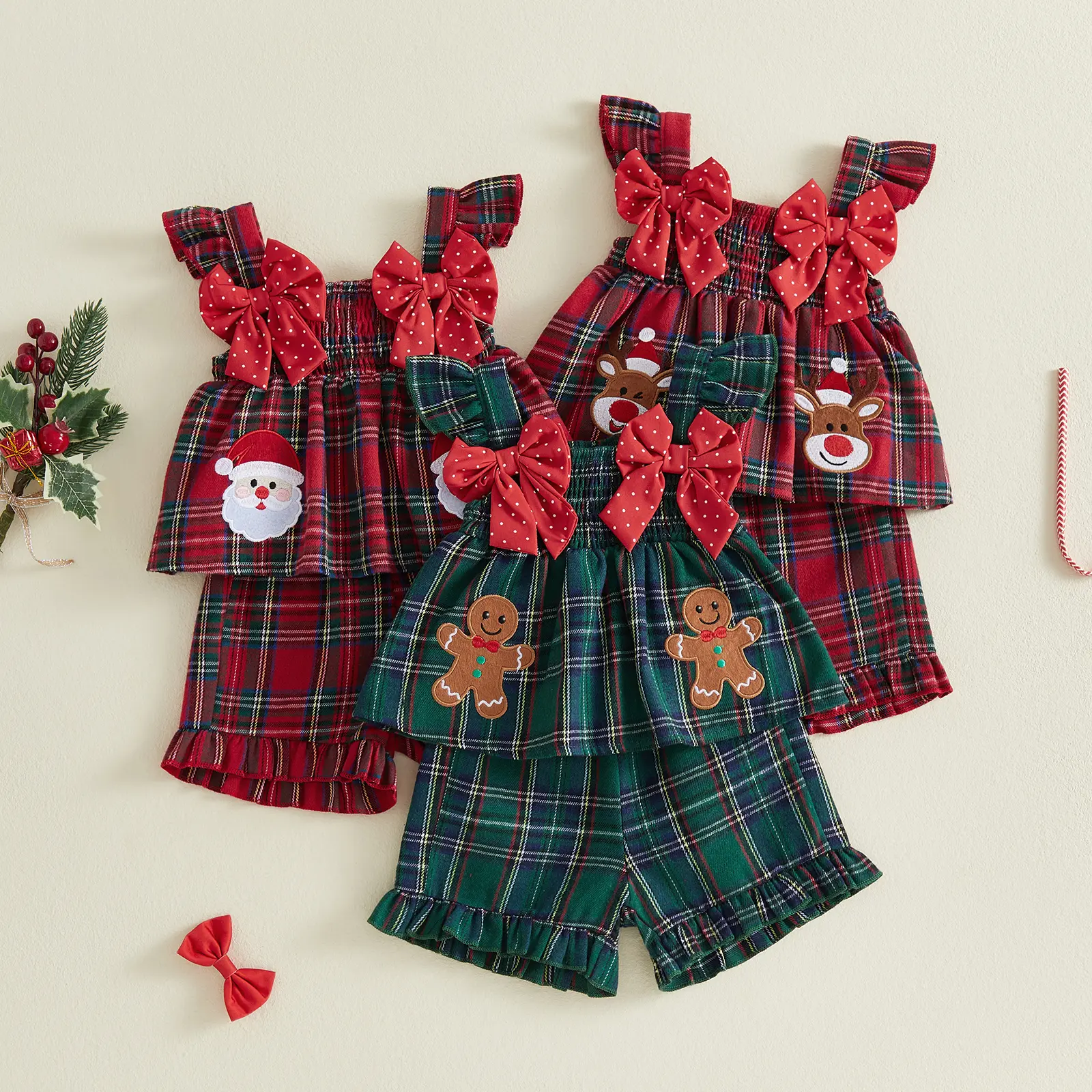 SleepBaby Cute Toddler Baby Girls Christmas Tartan Plaid 2‑Pcs Outfit, Ruffle Strap Top with Holiday Applique & Ruffle Shorts, Festive Holiday Set for Infant Girls