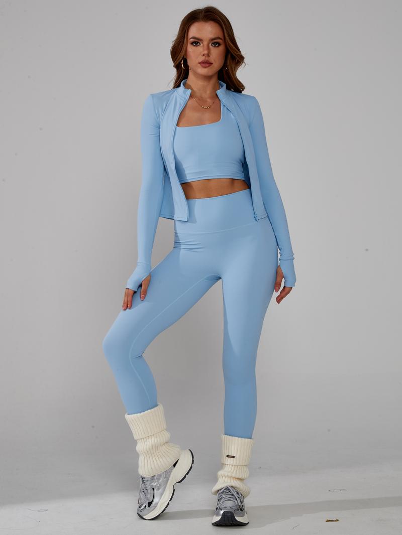 TimeOFF Women's 3-Piece Activewear Set with Stretchy, Body-Hugging Crop Top, Leggings & Jacket – Ideal for Yoga, Workouts & Athleisure Styles stylish