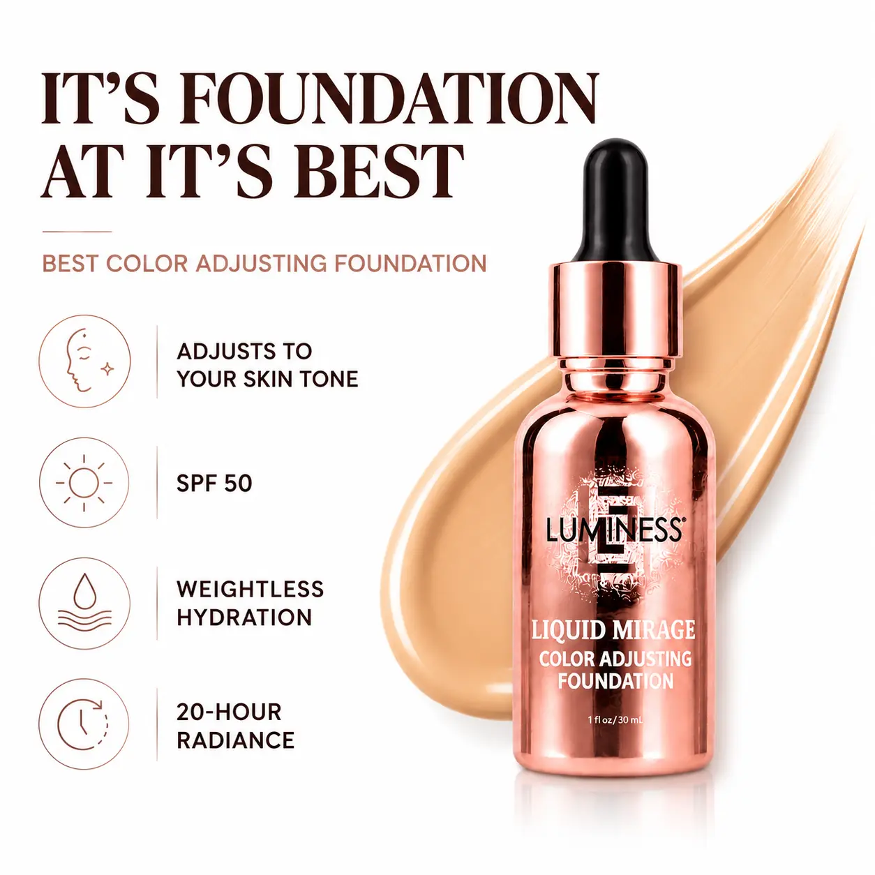 LUMINESS Liquid Mirage Color Changing Foundation for Mature Skin - Skincare-Infused Makeup with Hyaluronic Acid, Vitamin E, Hydrating Moisturizer, Lightweight Radiant Coverage for Combination Skin Concealer Hydrate  Moisturizing  skin tint  concealer