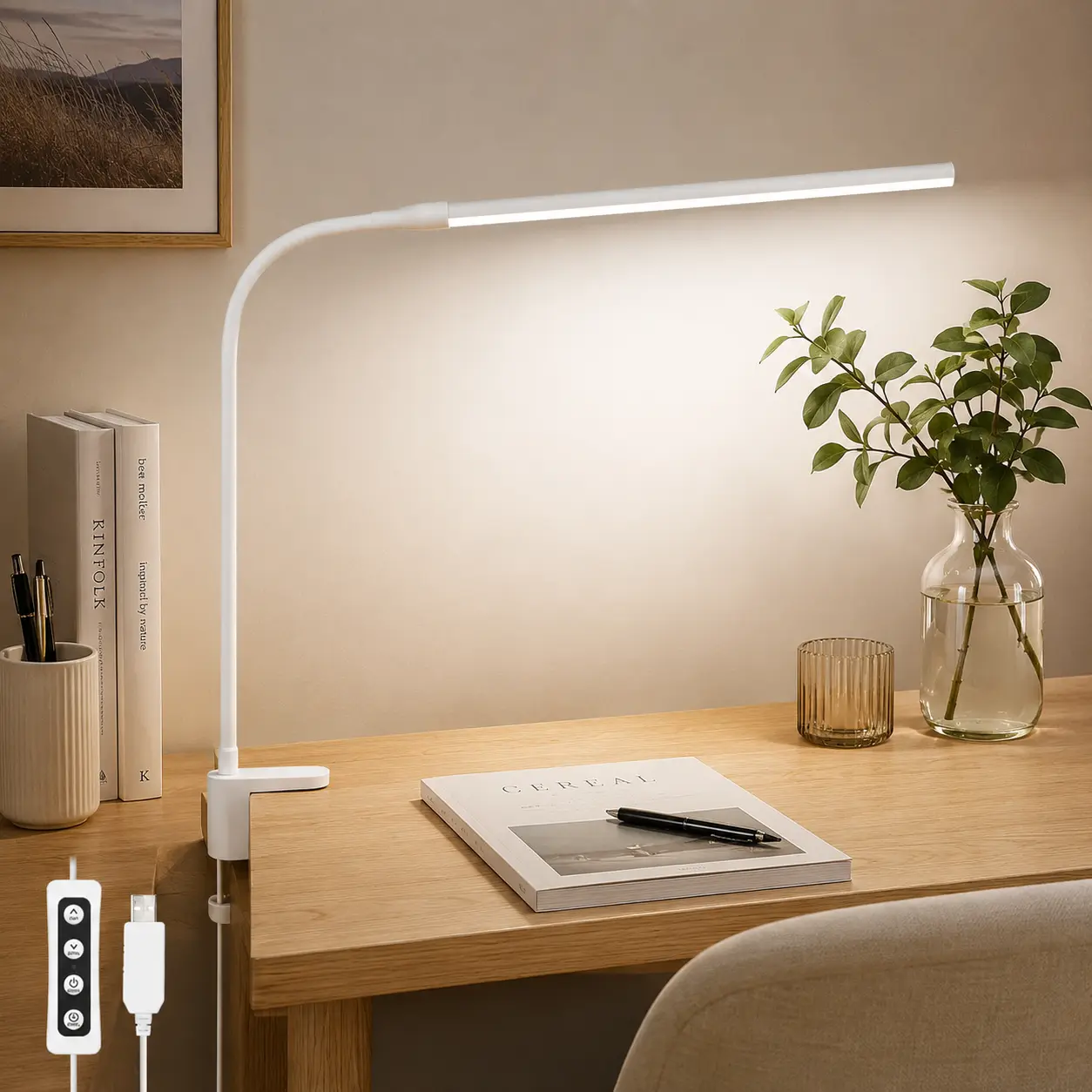 Lighting EVER Clip-On LED Desk Lamp - Dimmable Warm White, 3 Lighting Modes, 10 Brightness Levels, Flexible Gooseneck, USB-Powered Adjustable Clip Light, Color-Adjustable Bendy Reading Lamp, Home Office Bed Headboard Accessory, Color-Adjustable Desk Lamps