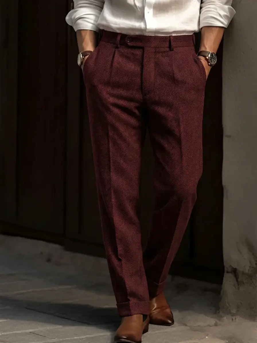 Men's Vintage Herringbone Tweed Dress Pants - Mid-Rise, Straight Leg, Dark Gray Wool Blend Suit Trousers for Business & Formal Occasions, Business Trousers| Vintage Herringbone Pattern| Smooth Texture