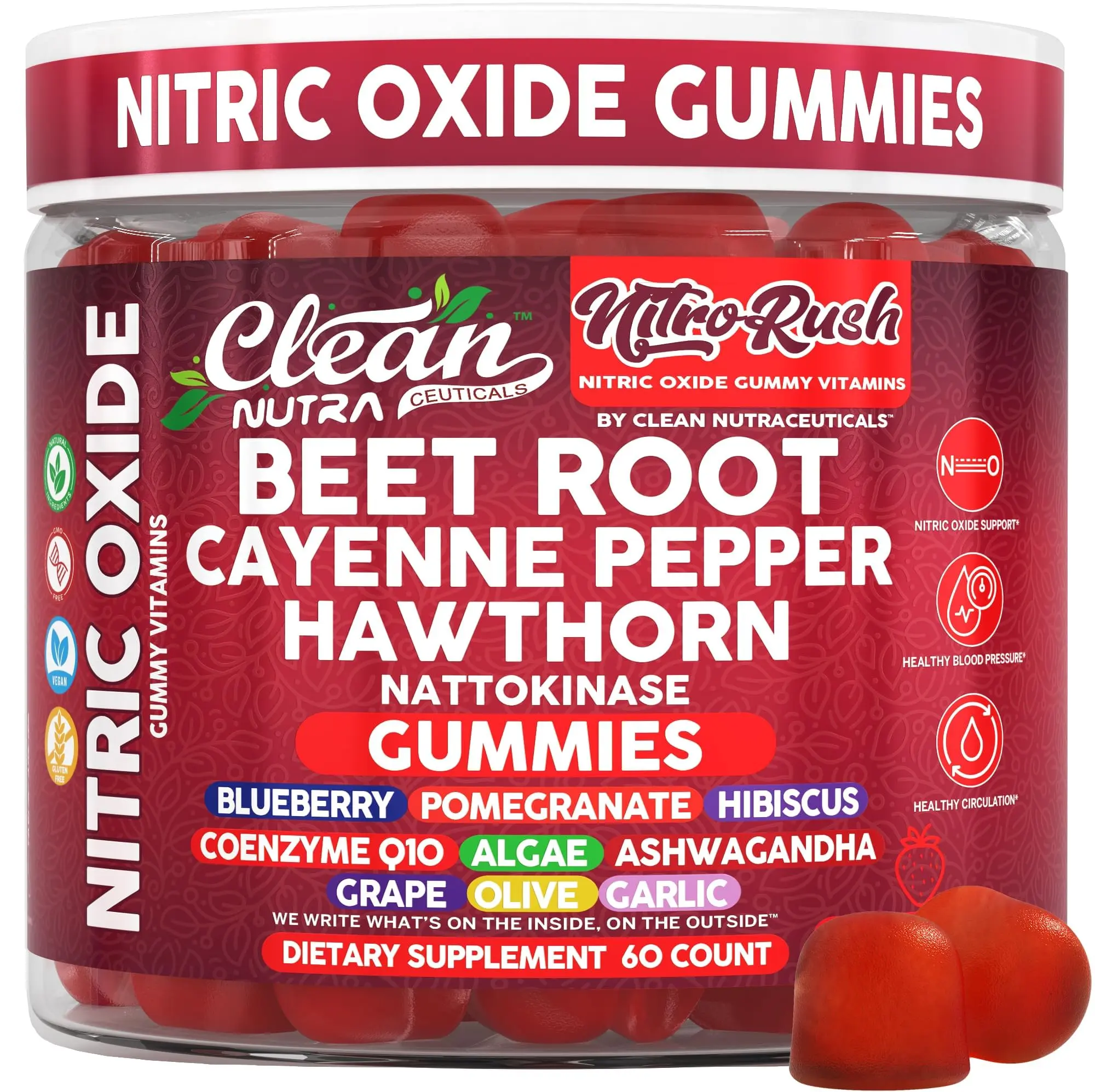 Clean Nutra Beet Root, Cayenne Pepper, Hawthorn, Nattokinase, CoQ10 & More for Nitric Oxide & Circulation Support Gummies – Nitro Rush