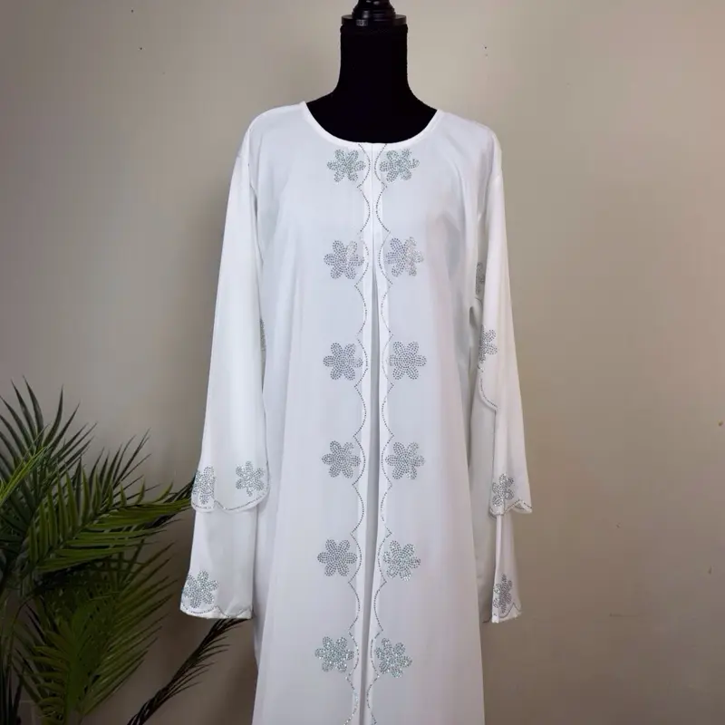 Women's Minimalist Amina Dubai Abaya - White, Cowl Neck, Elegant Floral Embroidered, Long Sleeve Evening Islamic Modest Dress, Hand Wash Only, All Seasons