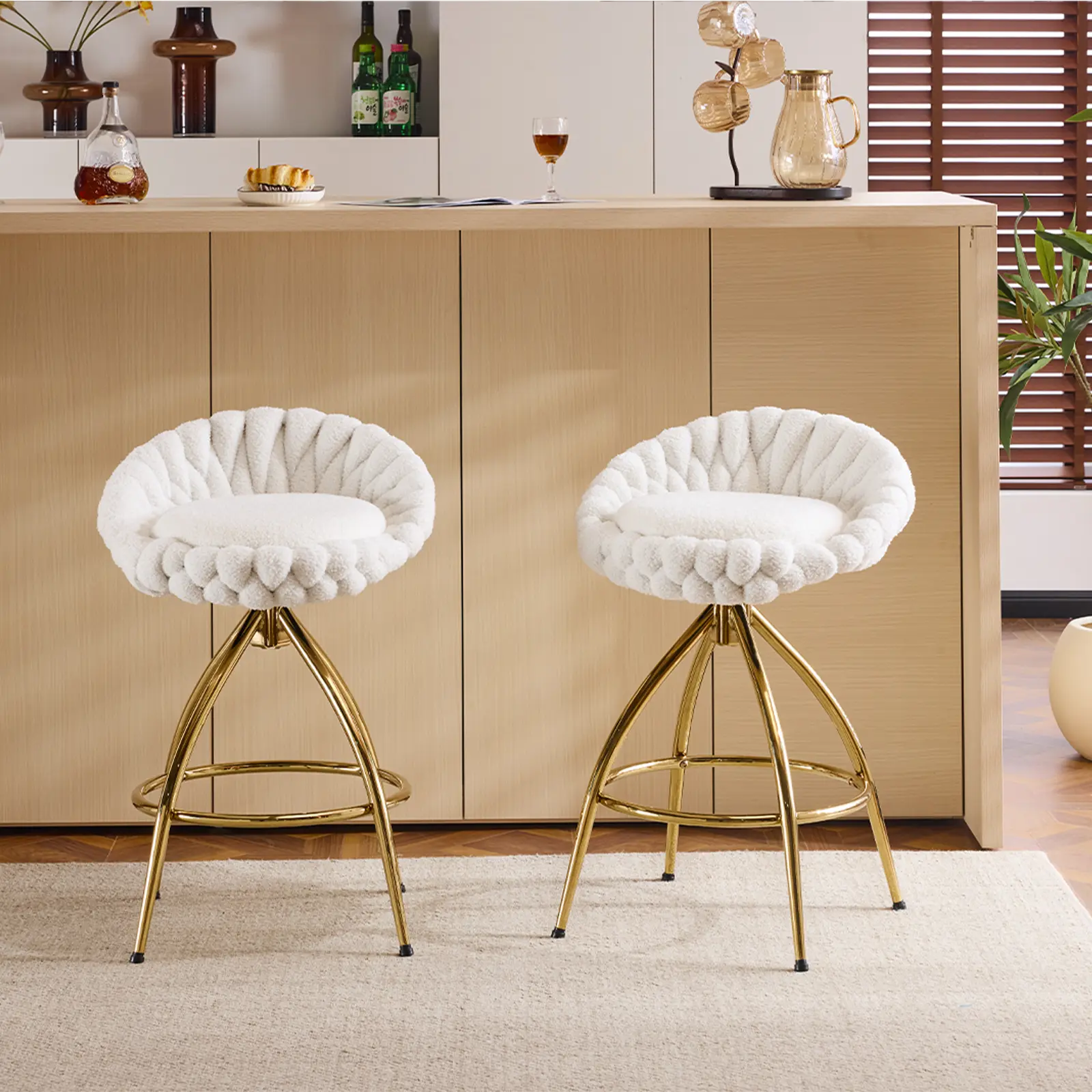 Karlhome 2pcs Counter Height Barstools - Soft Cushioned Stools, Armless Modern Teddy Fleece Swivel Chairs, Gold-Leg Stability, Sturdy Support, Woven Chic Detail, White Indoor Home Bar Furniture