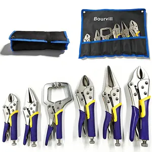 6-Piece Locking Pliers, Vice Grips Pliers Set, 5",7" & 10" Curved Jaw Locking Pliers, 6-1/2" & 9-1/2 Long Nose Locking Pliers, 6" Locking C-Clamp, Two-Color TPR Handle, Roll Up Pouch Included