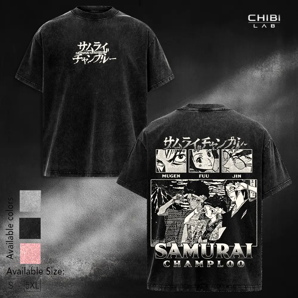 Samurai Champloo anime manga game Washed 2 sided printed graphic tees T-shirt Streetwear unisex vintage merch Fabric Top