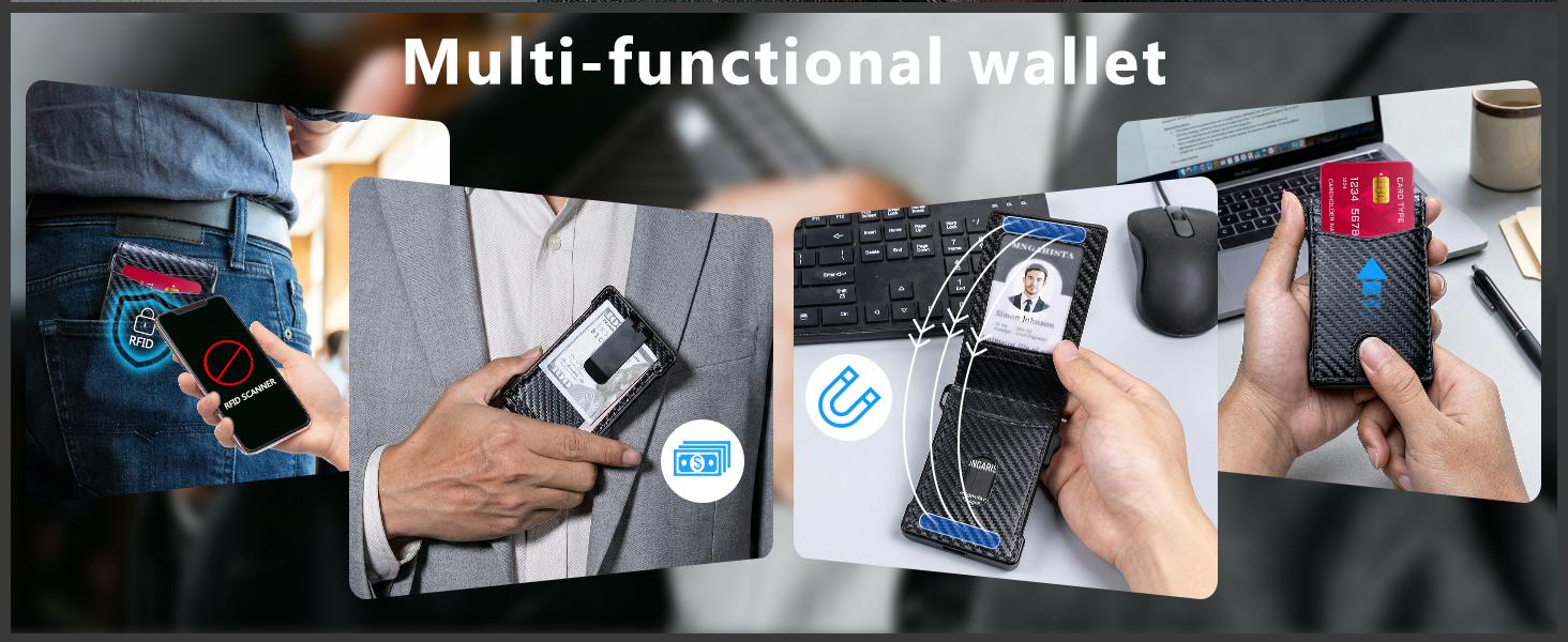 MNGARISTA Wallet for Men,Slim Minimalist Bifold Wallet with RFID Blocking,Pop-Up Credit Card Holder with ID Window & Money Clip,Magnetic Flip Metal Wallet for 10-12 Cards,Gifts for Men-Carbon Fiber SpringStatements