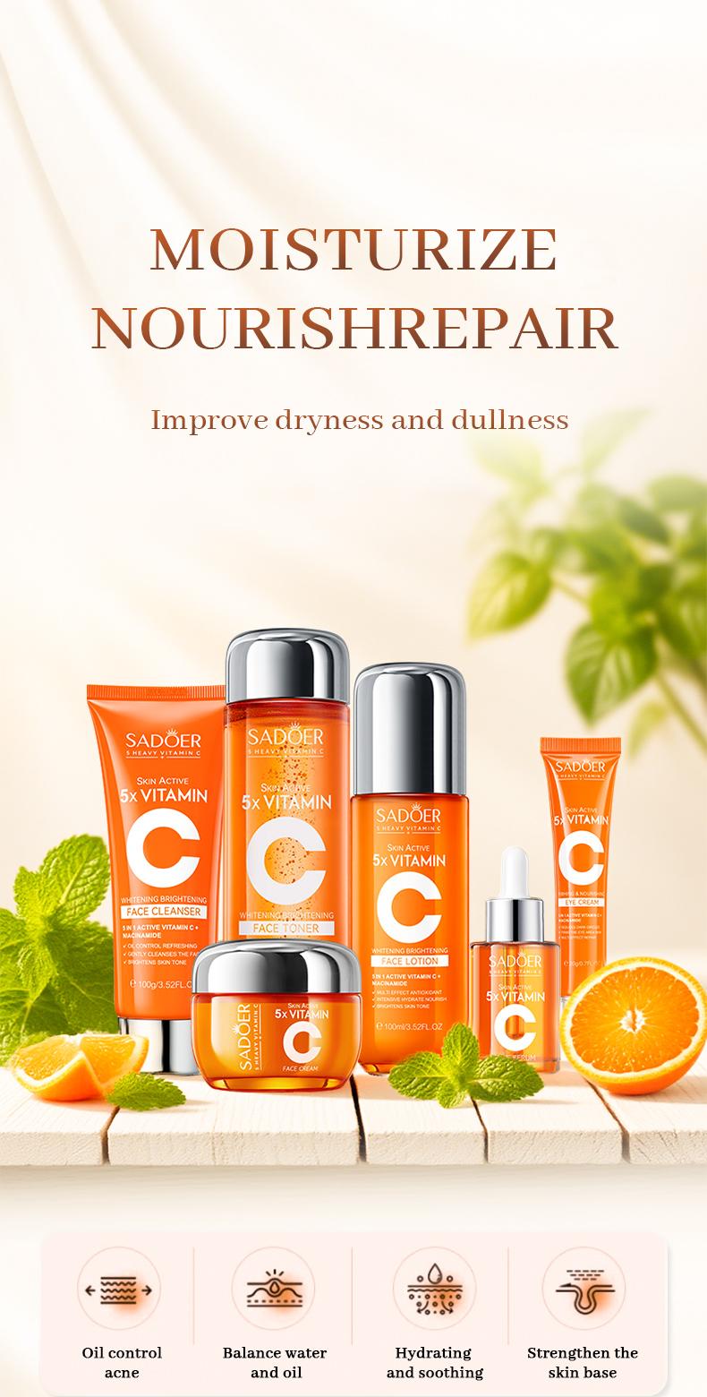 5X Vitamin C Facial Care Set 6-Piece Pack with Cleanser Toner Face Serum Cream & Eye Cream Gentle Skin Cleaning Care Travel Size Kit Daily