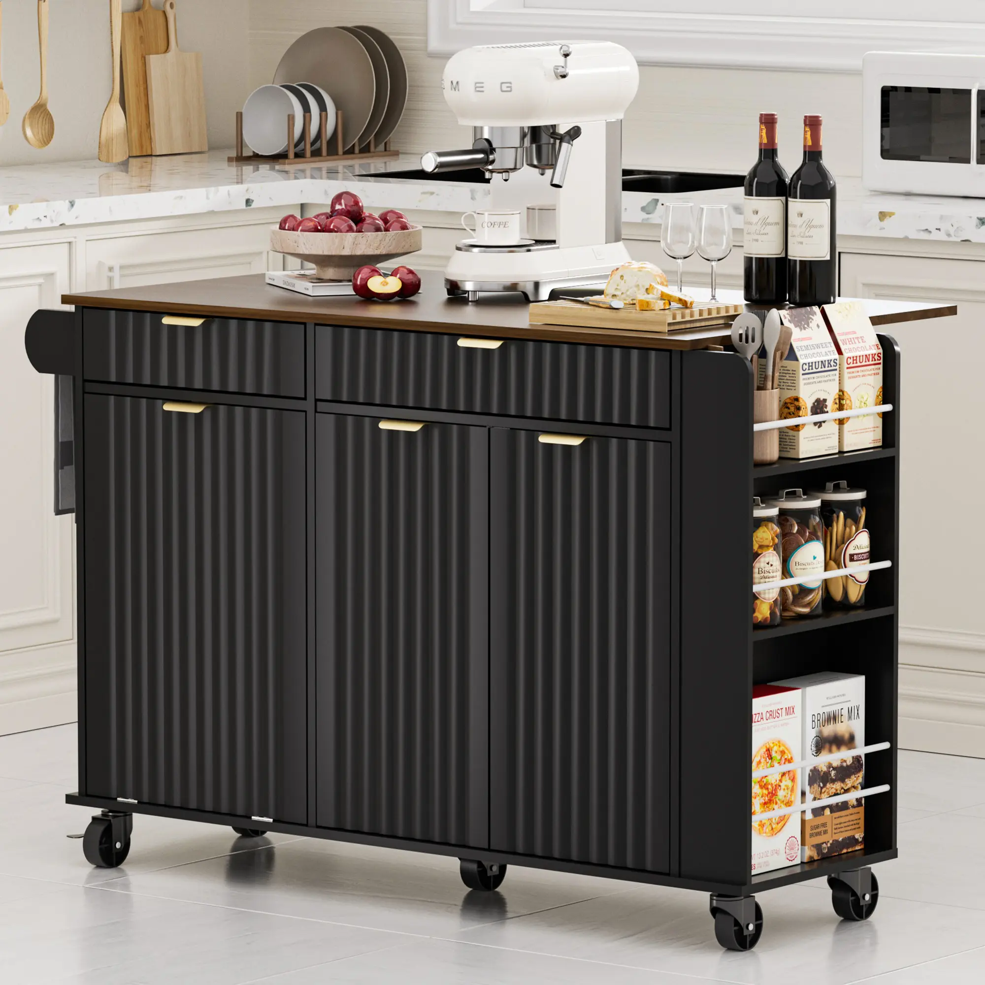 Spurgehom Neutral Wood 47" Rolling Kitchen Island Cart - Drop-Leaf Top, Hidden Trash Storage, Wavy Door, Spice Rack, Drawers, Locking Wheels, 25+ kg Capacity, Assembly Required Indoor Cupboard Cabinet Furniture