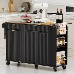 Spurgehom Kitchen Island with Hidden Trash Storage and Drop-Leaf Countertop, 47" Rolling Kitchen Cart with Wavy Door, Spice Rack, Drawers and Locking Wheels, Mobile Island Table
