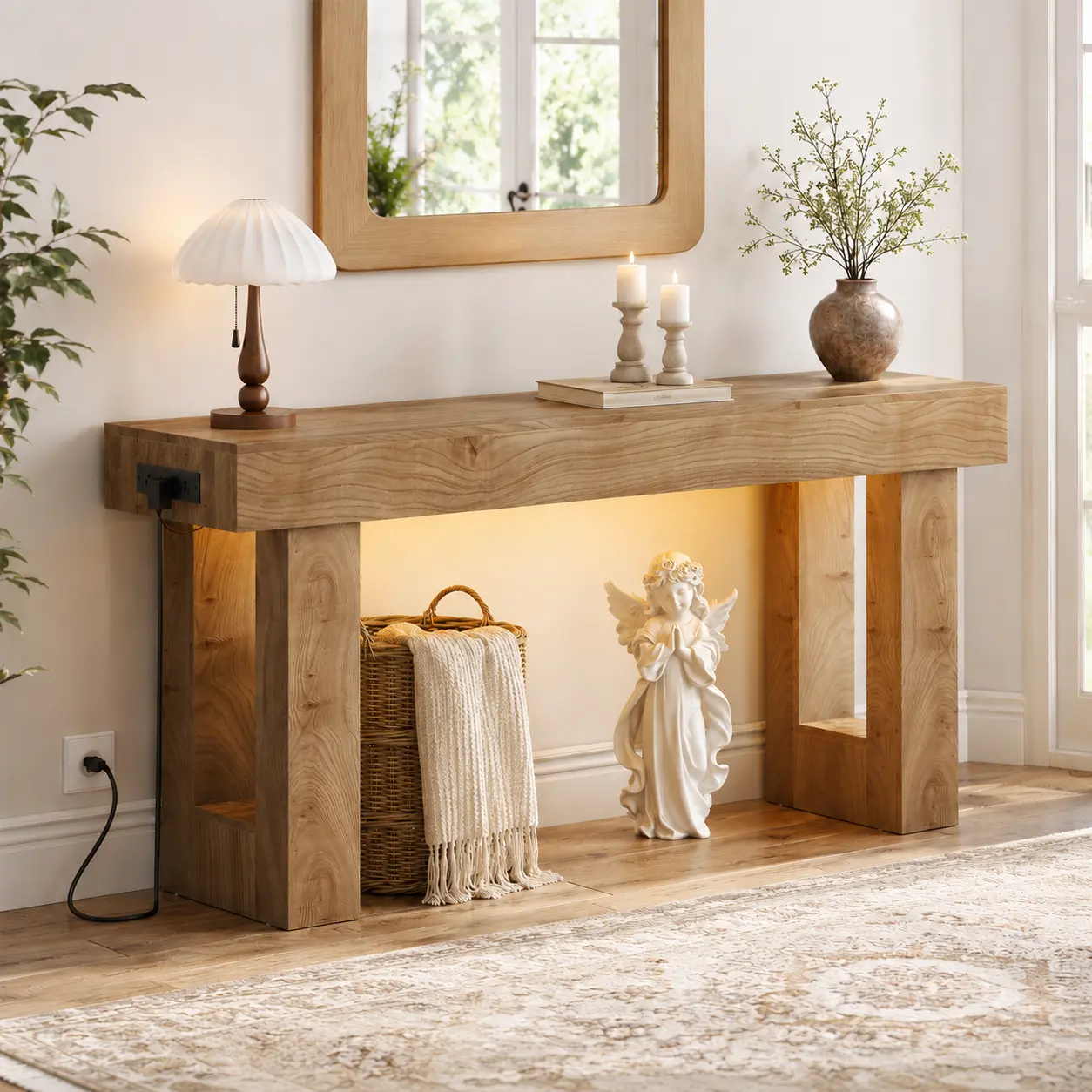 Homieasy 63'' Farmhouse Console Table with Power Outlets and Sensor Light, Wooden Entryway Table with Storage, Rectangular Sofa Tables Behind The Couch for Entrance, Hallway, Living Room Entryway Table