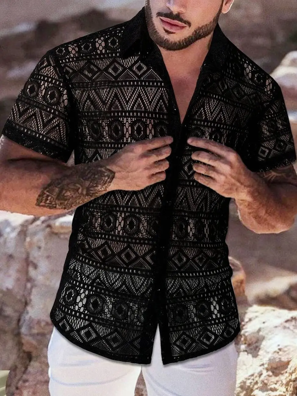 Men's clothing - Men's Hollow Out Beach Shirt, Breathable Short Sleeve Boho Button Down for Summer Vacation men’s clothes mens clothing male clothing trending clothes y2k clothing streetwear clothing y2k shirts